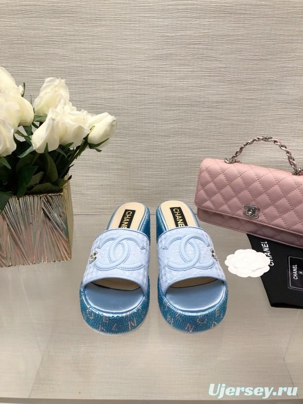 2025 Women Chanel Blue White Fabric Platform Slide Sandals LY00320