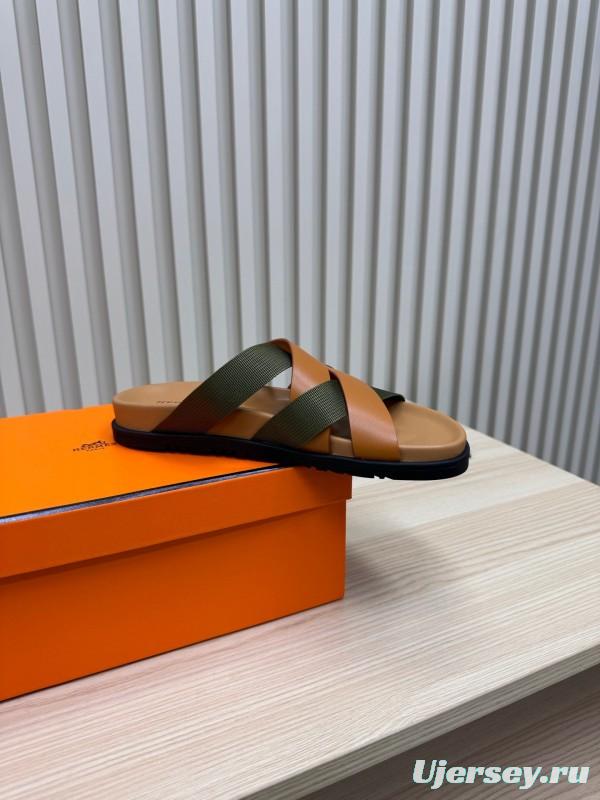 2025 Slippers Hermès Brown Green Leather Fabric Slippers