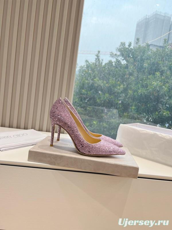 2025 Women Jimmy Choo Pink Glitter Leather Stiletto Pump
