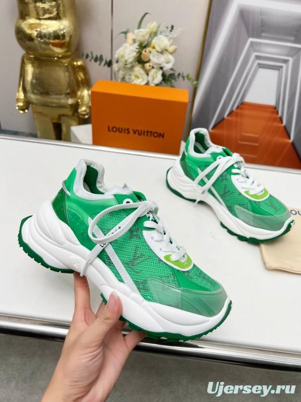 2025 Unisex Louis Vuitton Green White Leather Mesh Rubber Sneakers Monogram LY00340