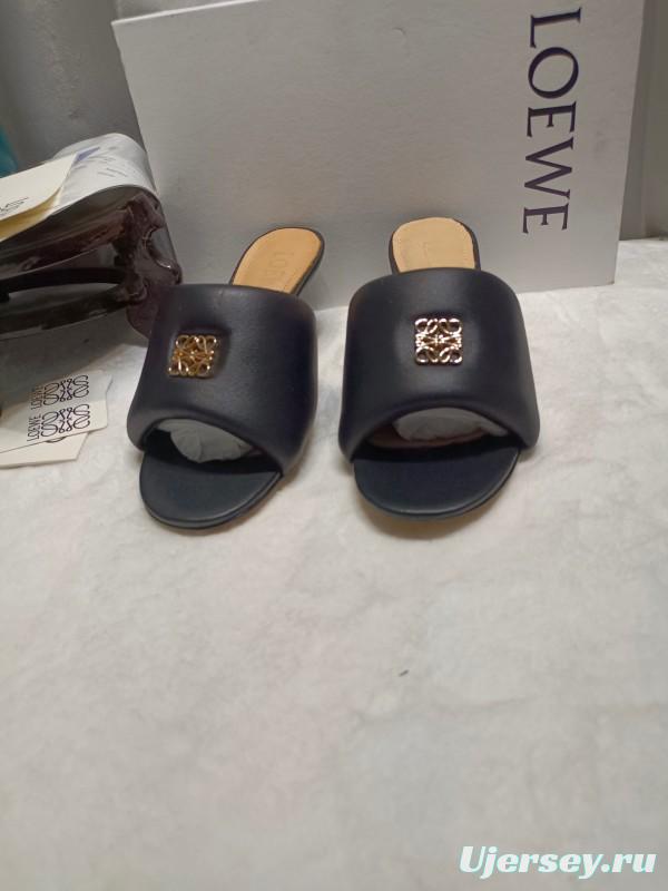 2025 Women Loewe Black Leather Slippers