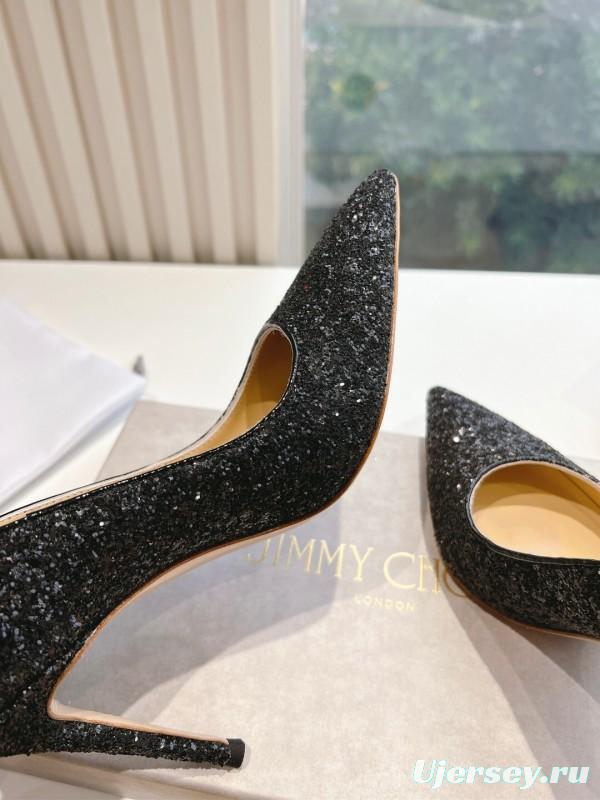 2025 Women Jimmy Choo Black Glitter Leather High Heel Pumps KFY00280