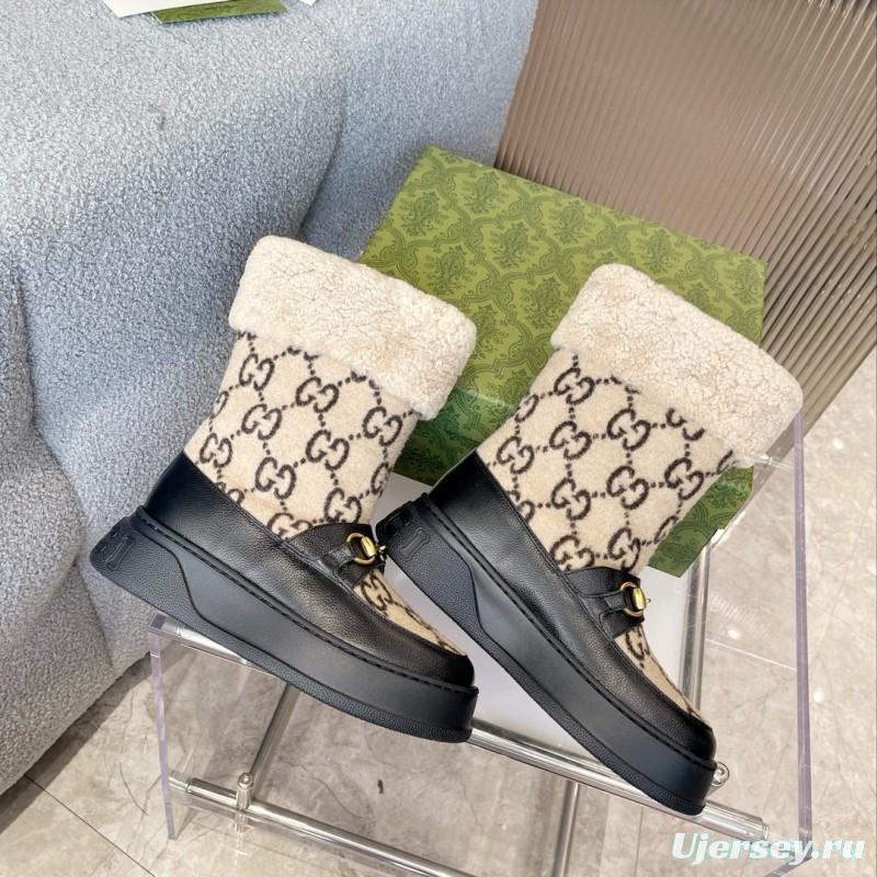 2024 Women Gucci beige black leather shearling snow boots MJ00420