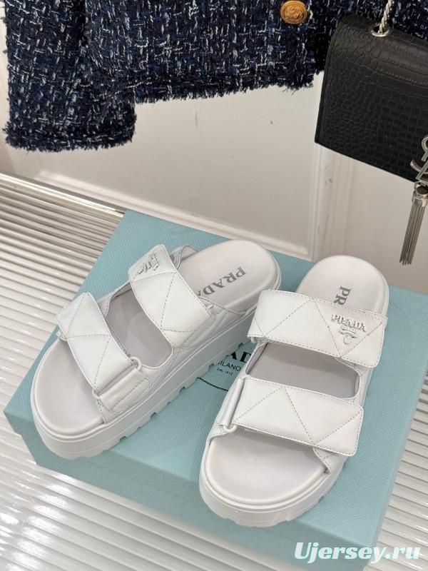 2025 Slippers Prada White Leather Quilted Velcro Strap KFY00250