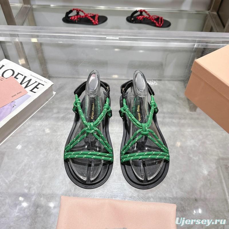 2025 Women Miu Miu Green Black Rope Leather Sandals
