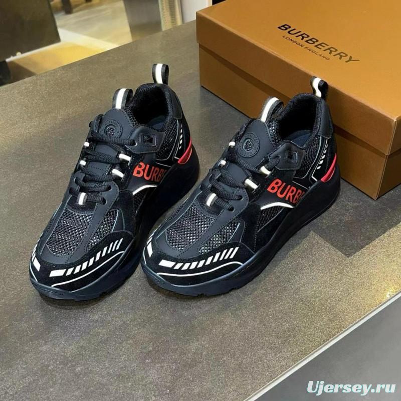 2025 Unisex Burberry Black Red Mesh Suede Leather Sneakers
