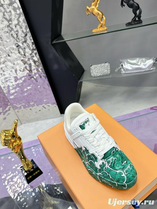 2024 Unisex Louis Vuitton Green White Leather Plimsolls Hand-Painted MJ00780