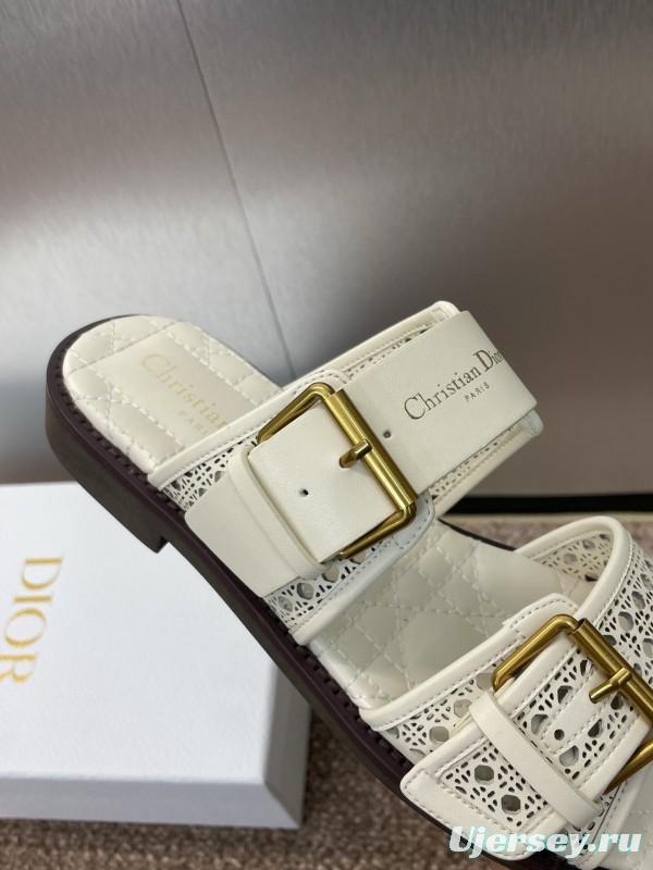 2025 Women Dior White Calfskin Leather Slippers CD Logo Buckle KFY00300