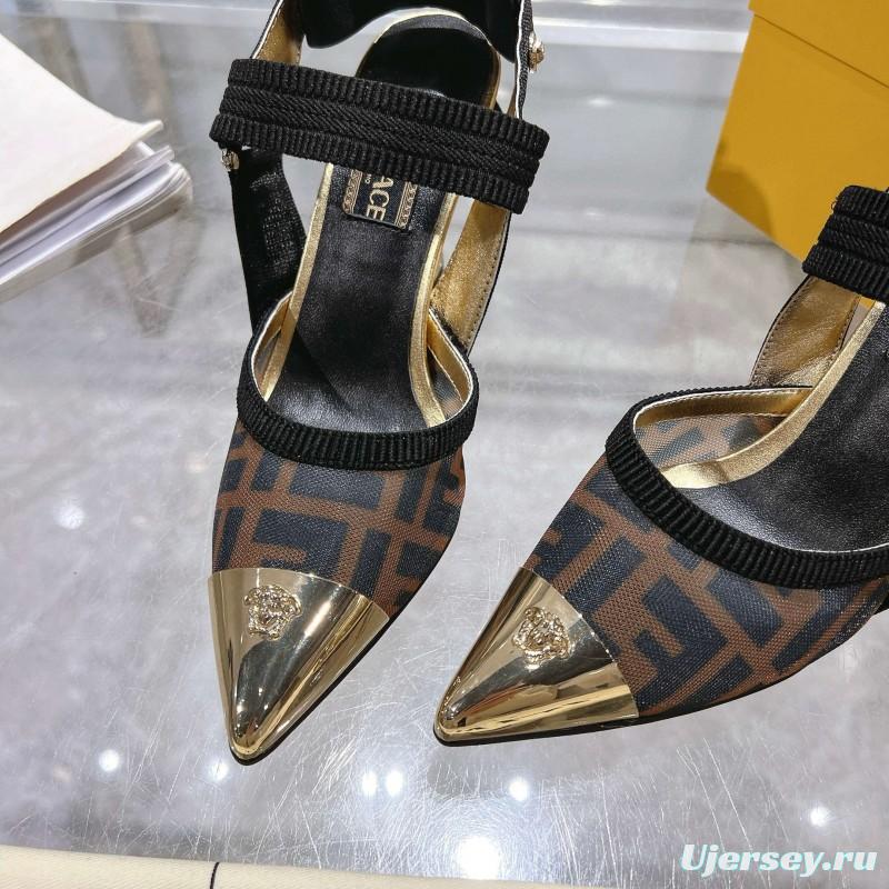 2025 Women Fendi Brown Black Leather Mesh High Heels MJ00280