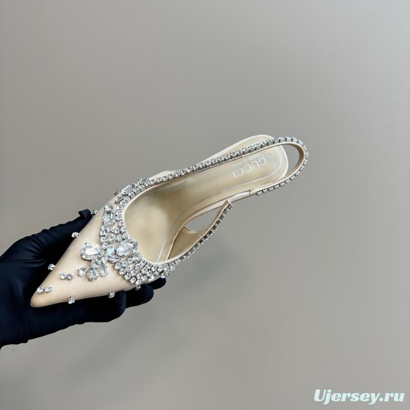 2025 Women Gucci Beige Silk Crystal Embellished Slingback Heels MJ00340