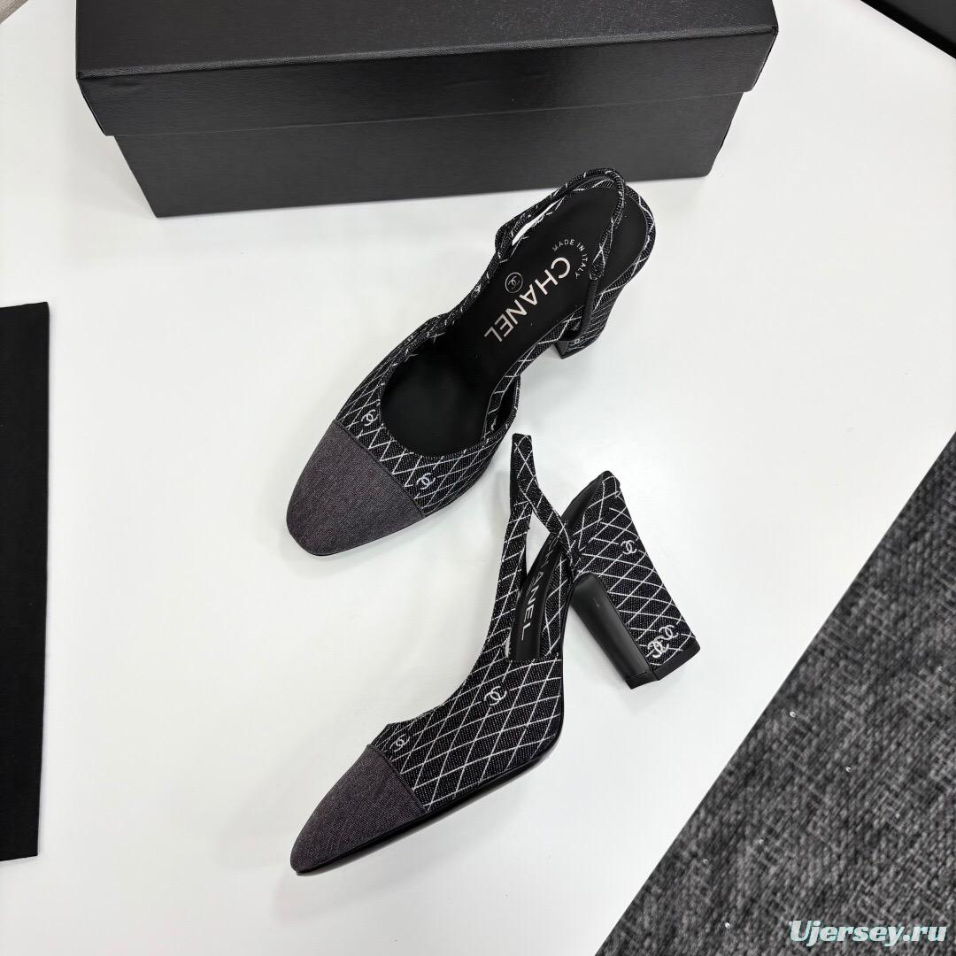 2025 Women Chanel Black Grey Fabric Slingback Heels LY00270