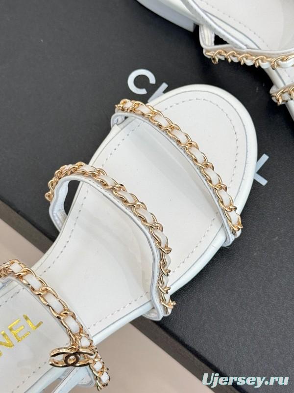 2025 Women Chanel White Leather Chain Strap Sandals