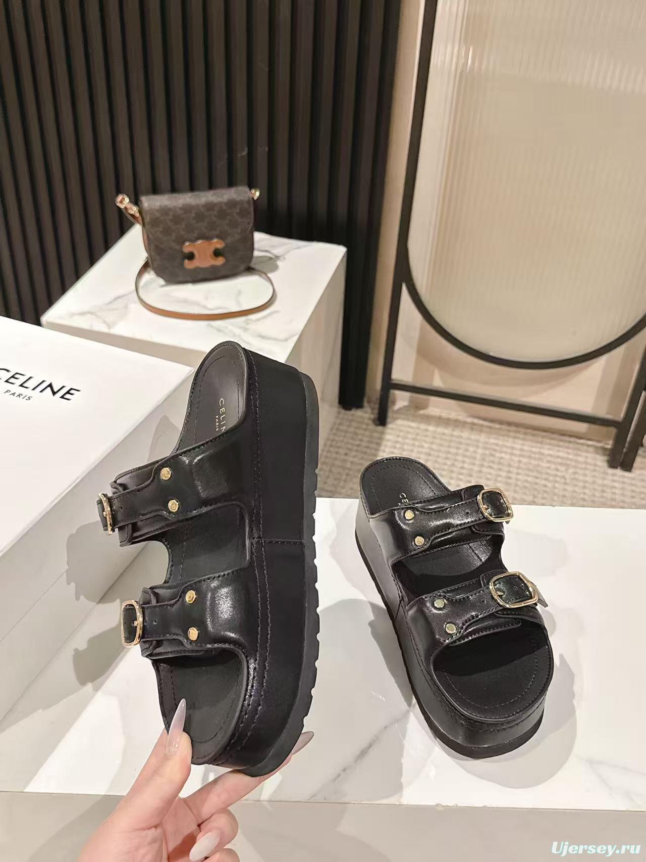 2025 Women Celine Black Leather Platform Slide Sandals LY00300