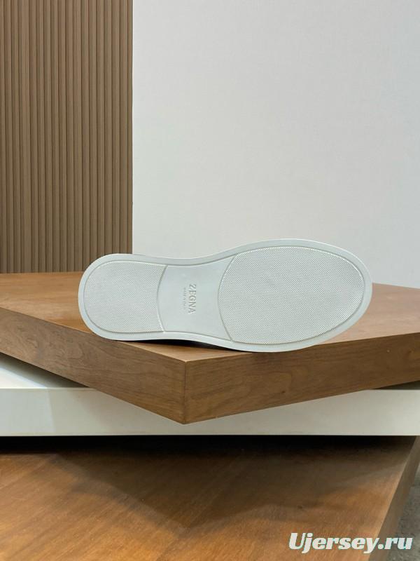 2024 Unisex Ermenegildo Zegna Grey Blue Pelletessuta Calfskin Sneakers Stretch Detail MJ00280