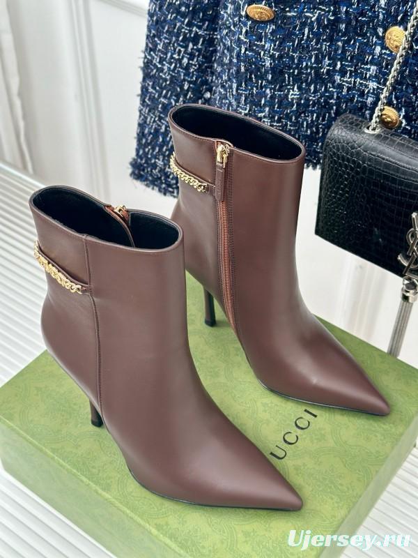 2024 Women Gucci brown calf leather ankle boots chain MJ00410