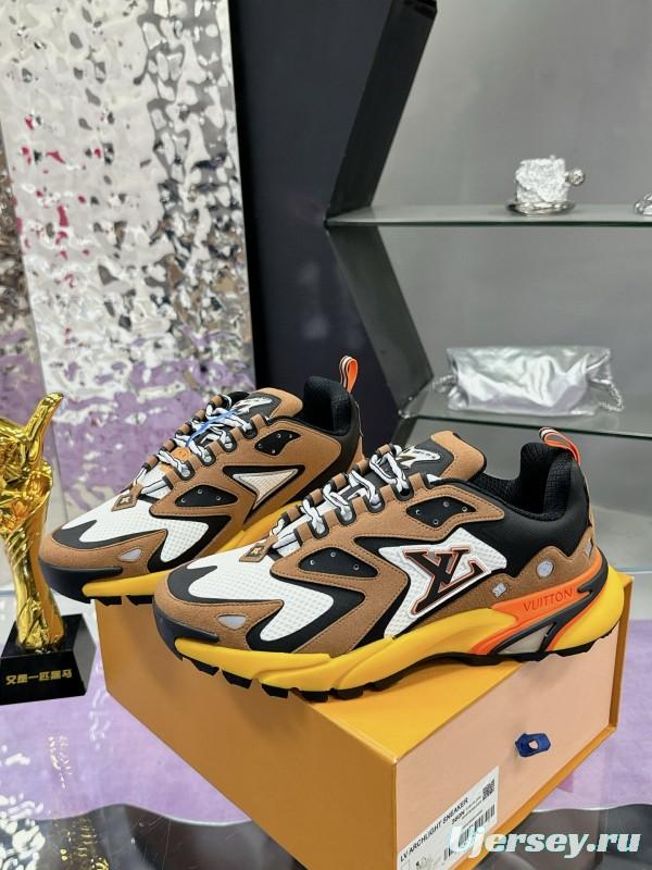 2025 Men Louis Vuitton Brown White Black Mesh Leather Sneakers MJ00420