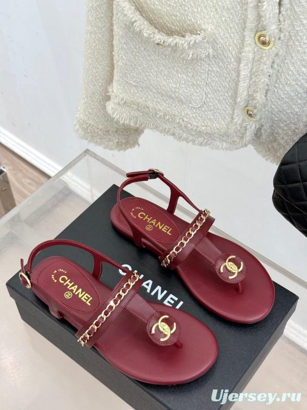 2025 Women Chanel Red Leather Sandals Chain Decoration