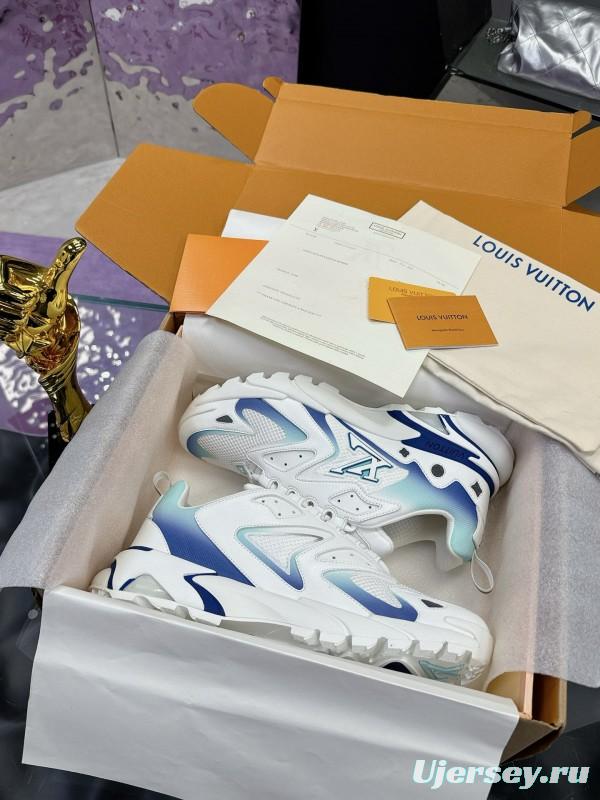 2025 Men Louis Vuitton Blue White Mesh Leather Sneakers MJ00420