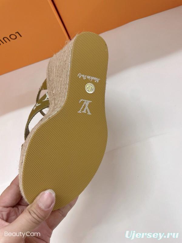 2025 Women Louis Vuitton Brown Beige Canvas Leather Wedge Sandals MJ00280