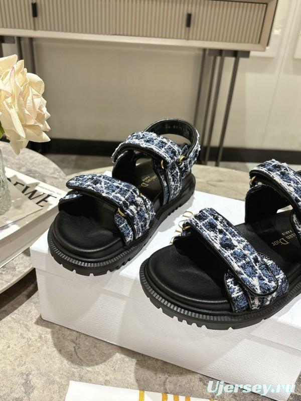 2025 Women Dior Black Blue White Fabric Leather Sandals KFY00300
