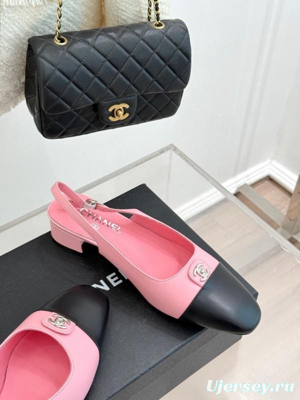 2025 Women Chanel Pink Black Leather Slingback Low Heel KFY00280