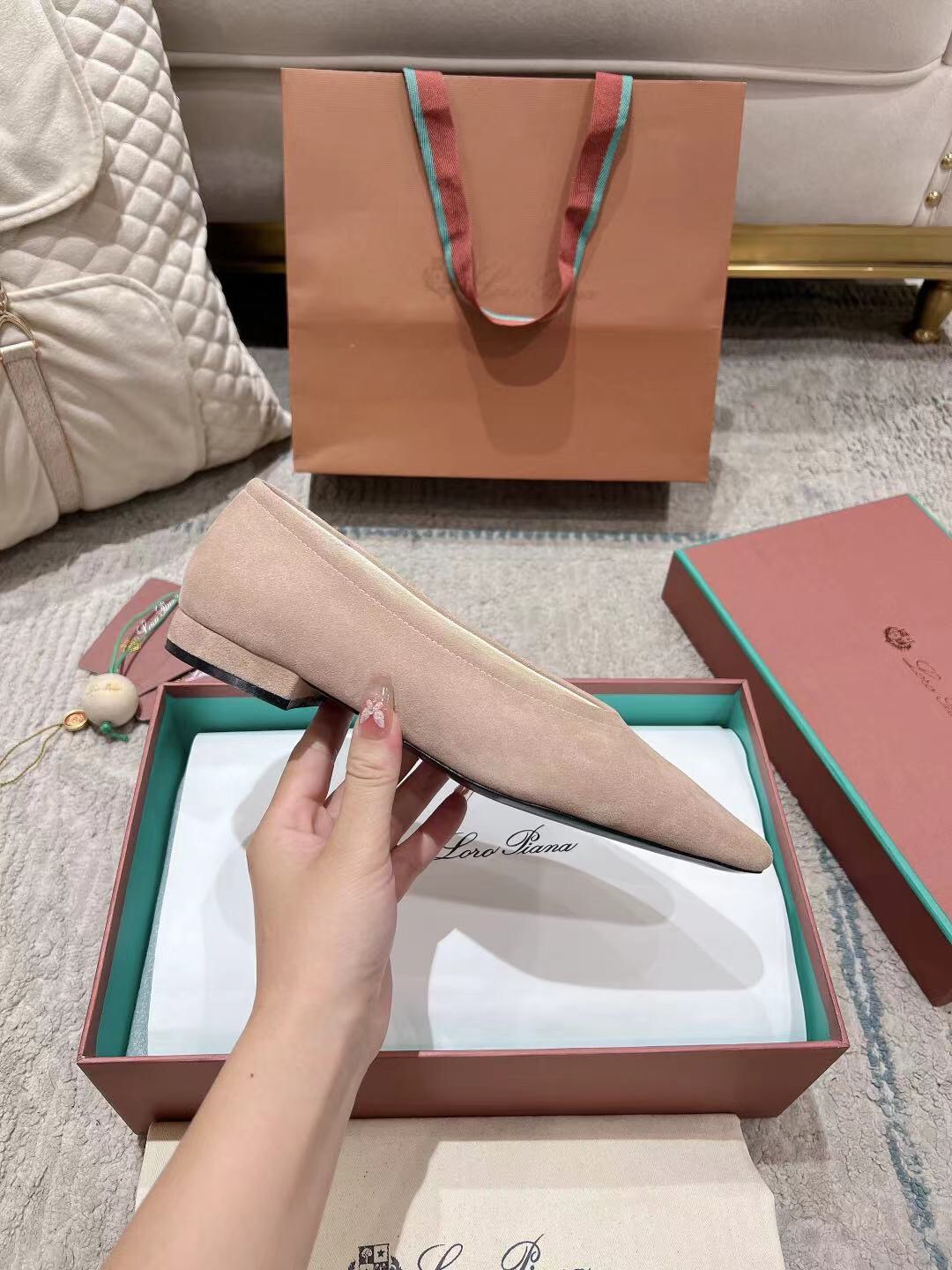 2025 Women Le Parmentier Pink Suede Ballet Flats