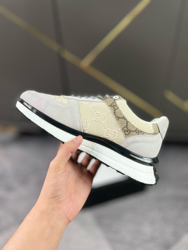 2024 Men Gucci Beige Brown Canvas Leather Sneakers MJ00260
