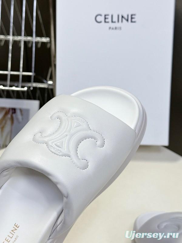 2025 Women Celine White Leather Slippers LY00240