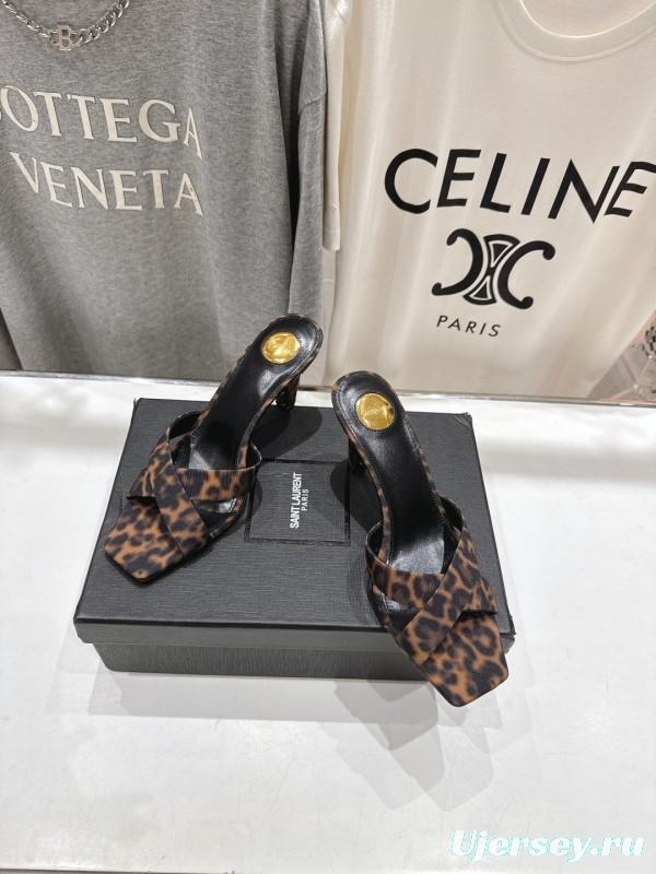 2025 Women Yves Saint Laurent Leopard Print Leather High Heel Sandals