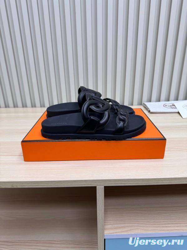 2025 Slippers Hermès Black Leather Slippers