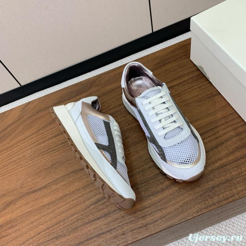 2025 Women Brunello Cucinelli White Silver Mesh Leather Sneakers