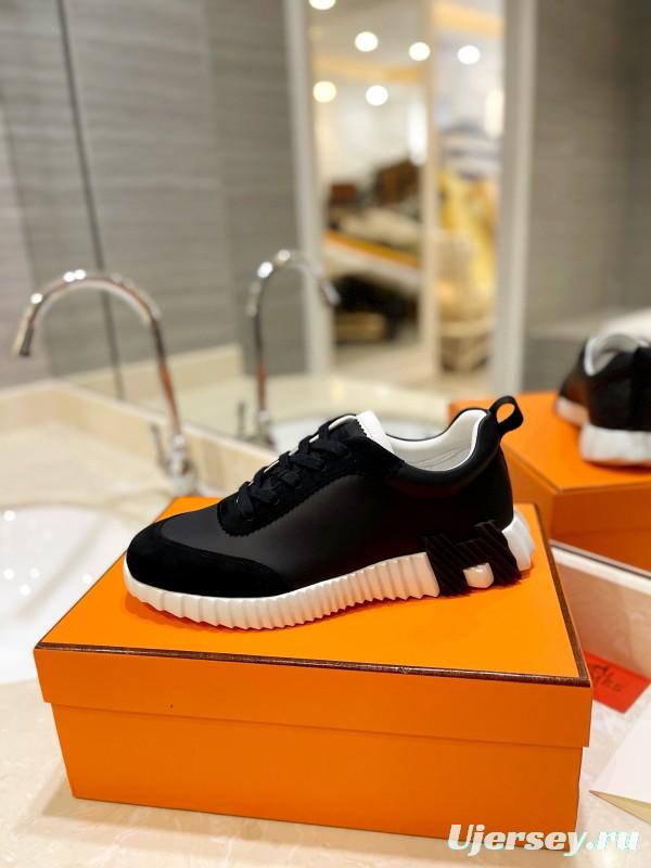 2024 Unisex Hermès Black White Leather Rainproof Fabric Casual Sneakers MJ00320