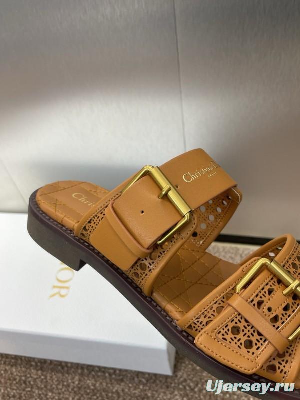 2025 Women Dior Brown Leather Slip-on Sandals