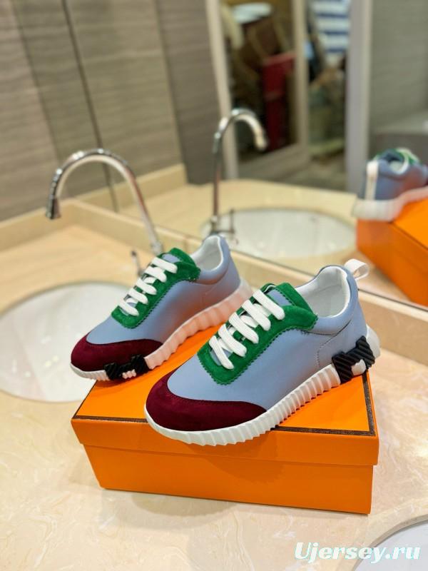 2024 Unisex Hermès White Green Burgundy Imported Silk Suede Casual Sneakers MJ00320