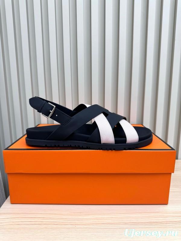 2025 Women Hermès Black Pink Leather Sandals LY00270