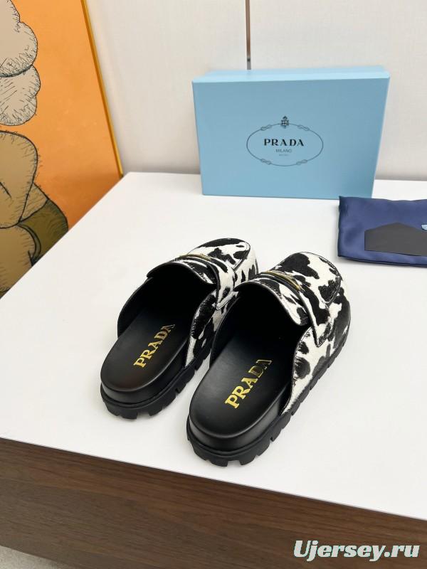 2025 Women Prada Black White Calf Hair Slippers LY00270