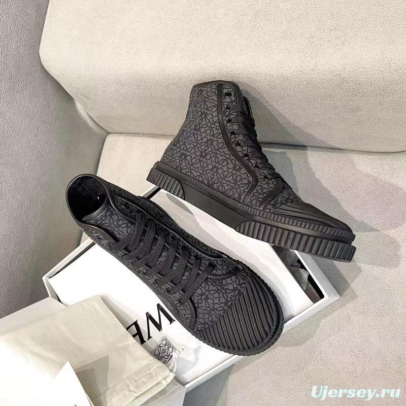 2025 Women Loewe Black Fabric Leather High-Top Sneakers LY00291