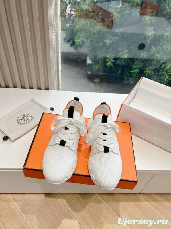 2024 Unisex Hermès White Black Orange Calf Suede Sneakers MJ00290