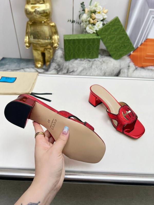 2025 Women Gucci Red Leather Slippers MJ00190