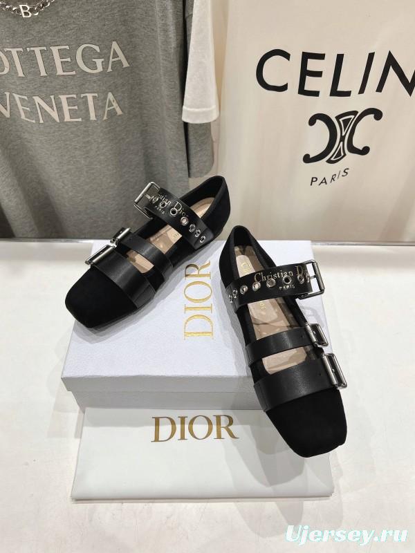 2025 Women Dior Black Leather Suede Mary Jane Buckle KFY00300