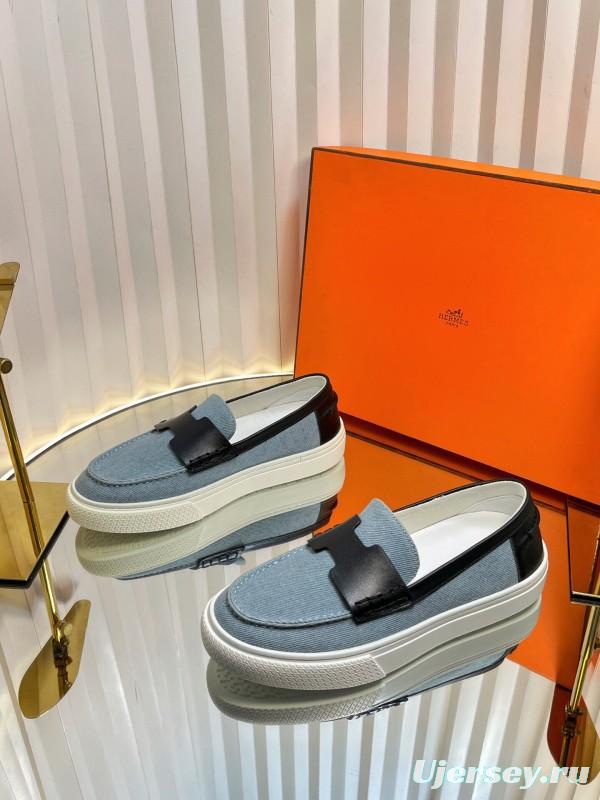 2025 Women Hermès Blue Black Leather Denim Loafers LY00310