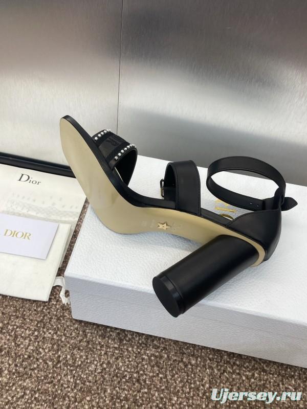 2025 Women Dior Black Leather High Heel Sandals Studded KFY00320