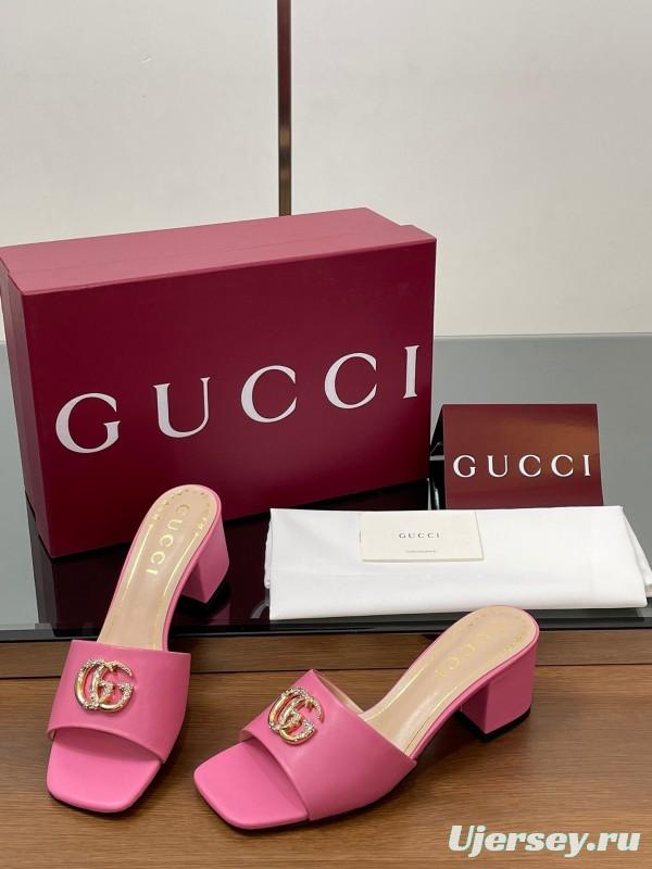 2025 Women Gucci Pink Lambskin Mid Heel Crystal GG Buckle Slide LY00280