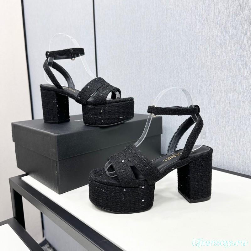2025 Women Chanel Black Fabric Platform Sandals KFY00310
