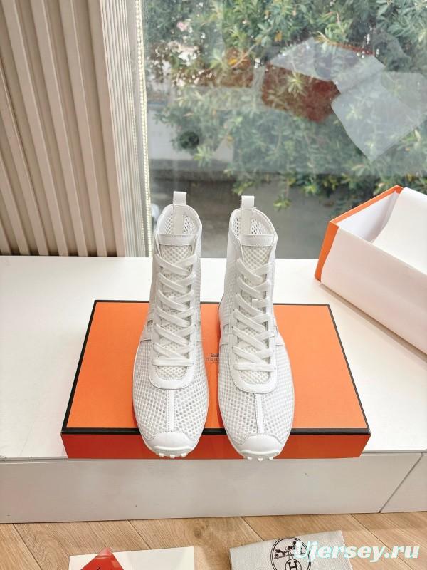 2025 Women Hermès White Leather Mesh Ankle Boots