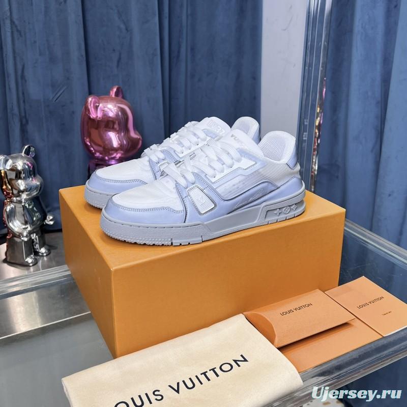 2025 Unisex Louis Vuitton White Light Grey Mesh Leather Trainer