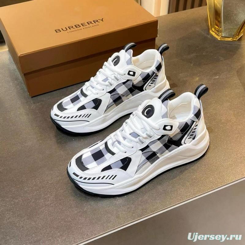 2025 Unisex Burberry White Black Cotton Leather Suede Chunky Sneakers Vintage Check MJ00380(F/W)