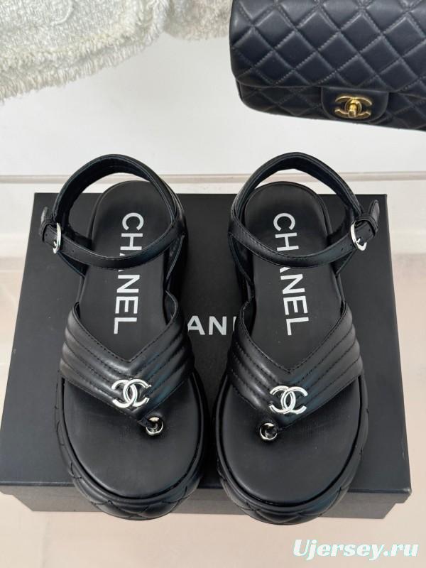 2025 Women Chanel Black Leather Sandals Platform