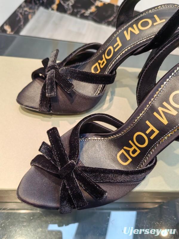 2025 Women TOM FORD Black Velvet High Heel Slingback Bow KFY00300