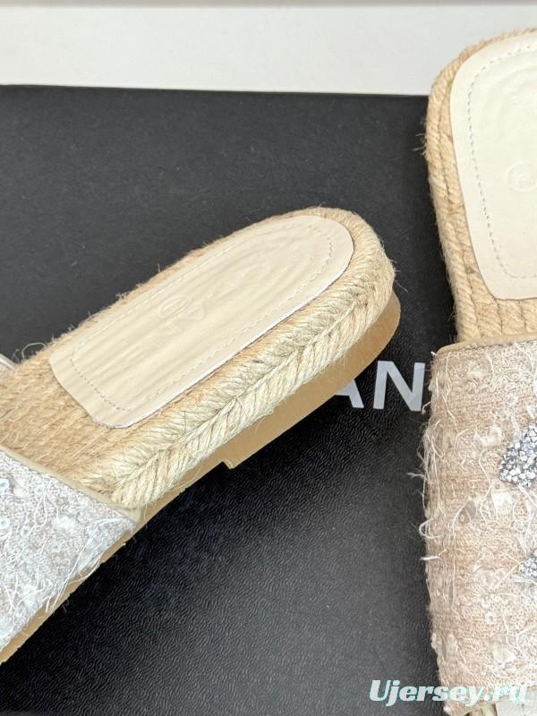 2025/Women Chanel White Lace Espadrille Slides With Sequined CC Logo KFY00240(F)